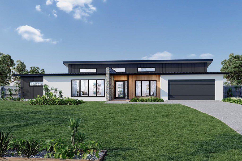 The Aspen 330 home facade featuring an example of wide block contemporary home designs.